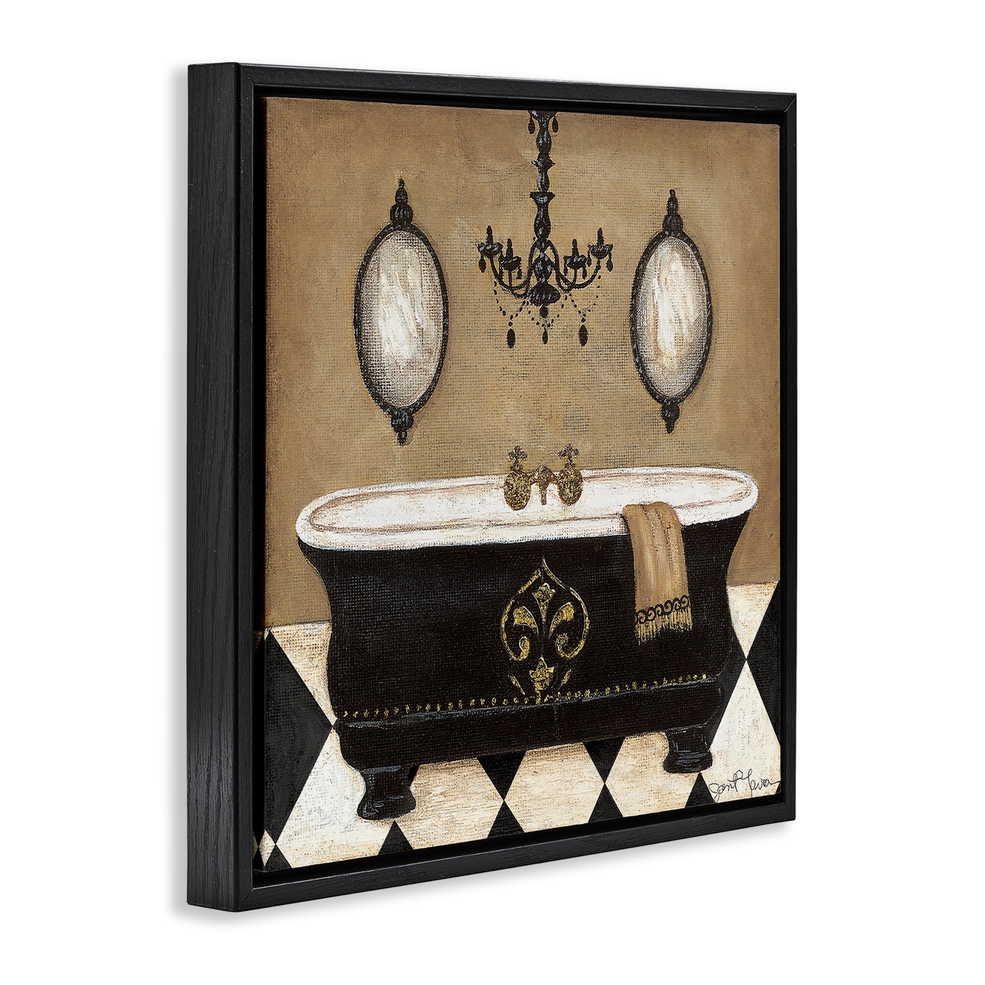 Stupell Industries Elegant Bathtub & Chandelier Black Framed Floater Canvas Wall Art, design by Janet Tava