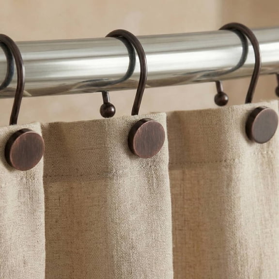 Bronze Shower Curtain Hooks Rings: 12 Pcs Round Button Design Rustproof Heavy Metal Shower Curtain Rings for Bathroom - Modern Simple Decorative Shower Curtain Hangers for Shower Rod - Set of 12
