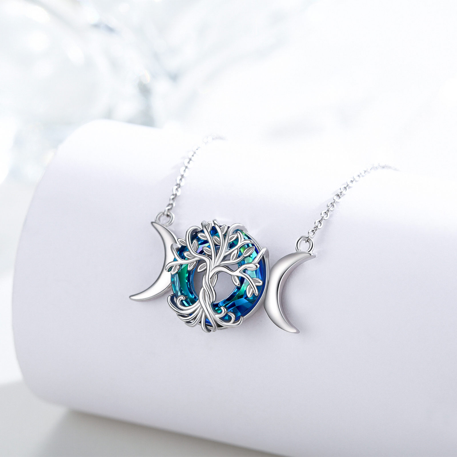 Coachuhhar Triple Moon Goddess Necklace 925 Sterling Silver Tree of Life Pendant Necklace Pagan Wiccan Jewelry Gift for Women