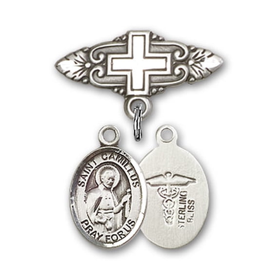 Sterling Silver Baby Badge with ST. CAMILLUS of LELLIS/Doctors Charm and Badge Pin with Cross 1 X 3/4 inches