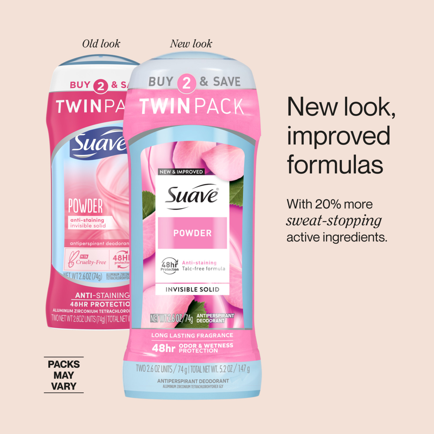 Suave Antitranspirante y Desodorante para Mujer, Protección de 48 Horas, Powder, 2.6 oz, Paquete Doble 4
