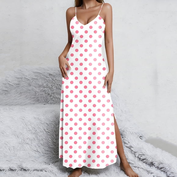 Ovbmpzd Spaghetti Strap Women Dresses V Neck Polka Dot Maxi Dress Flowy Open Back Slip Dresses for Ladies M