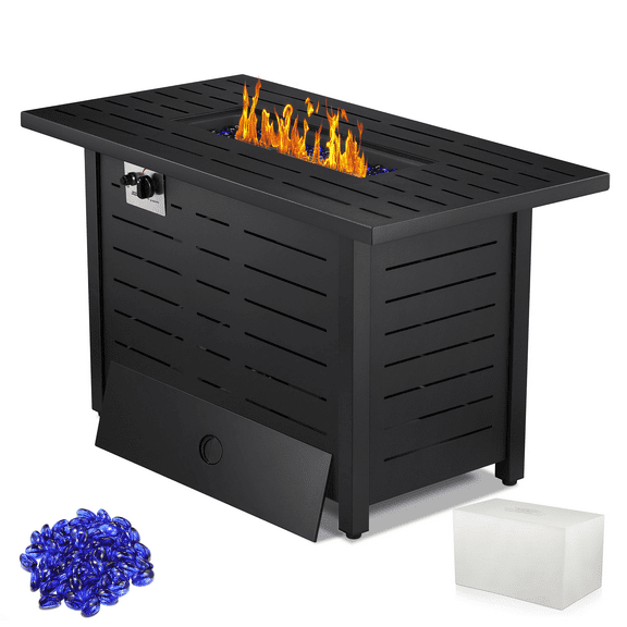 LHRIVER 43" Propane Fire Pit Table, 50,000 BTU Outdoor Windproof Gas Fire Pit with Lid, Smokeless  Glass Rocks, Cover