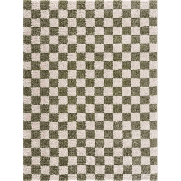 BoutiqueRugs Canika Modern Checkered Shag Rug - High Pile Fluffy Shaggy Carpet for Hallway, Nursery, Playroom, Girls Boys Room - Machine Washable - Peach, Lime Green - 2' x 2'11"