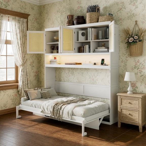 Twin Size Storage Murphy Bed with Cabinets w/ Rattan Door, Foldable Platform Bed Frame with Built-in Light & Charge Station