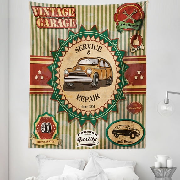 Retro Tapestry, Composition of Vintage Retro Car Emblem in Faint Color Sixties Dated Irony Art, Fabric Wall Hanging Decor for Bedroom Living Room Dorm, 5 Sizes, Green Red Cream, by Ambesonne