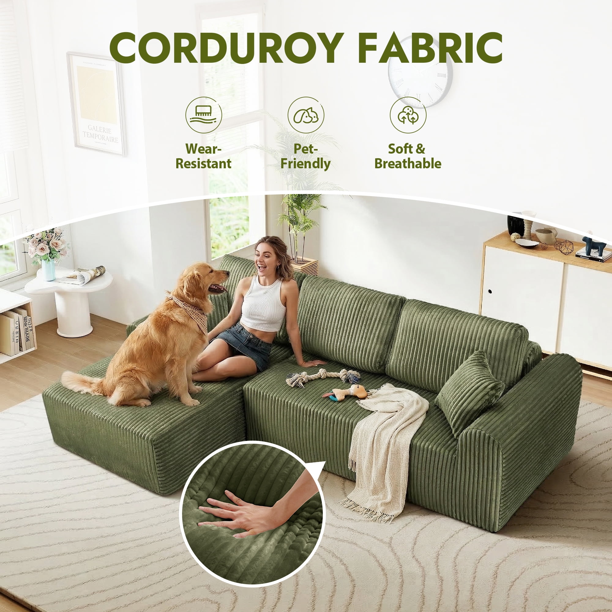 Aukfa 109" Modular Cloud Sectional Sofa with L-Shape Chaise, Corduroy Upholstered Deep Seat Couch, Left Facing Chaise, No Assembly Boneless Sofa for Living Room/Bedroom/Apartment, Green