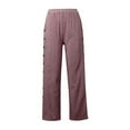 thumbnail image 4 of Mohiass Striped Linen Pants Women Side Button Elastic Waist Capri Gauze Pants Lightweight Summer Beach Cropped Trousers 2025 Wine M, 4 of 5
