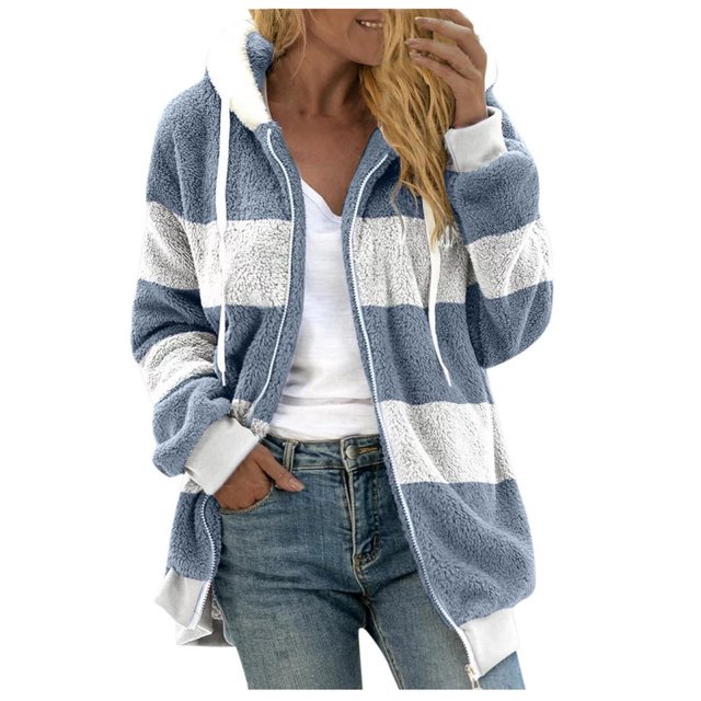 TQWQT Fleece Coats for Women Faux Fur Jacket Coat Fuzzy Fleece Jacket Plus Size Zip Up Drawstring Sweatshirt Oversized Light Blue S