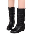 thumbnail image 5 of High Heels Boots for Women Ladies Fashion Casual Ruched Leather Round Toe Chunky Dress Pump Mid Calf Boots with Side Zipper Slouchy Motorcycle Riding Long Boots, 5 of 6