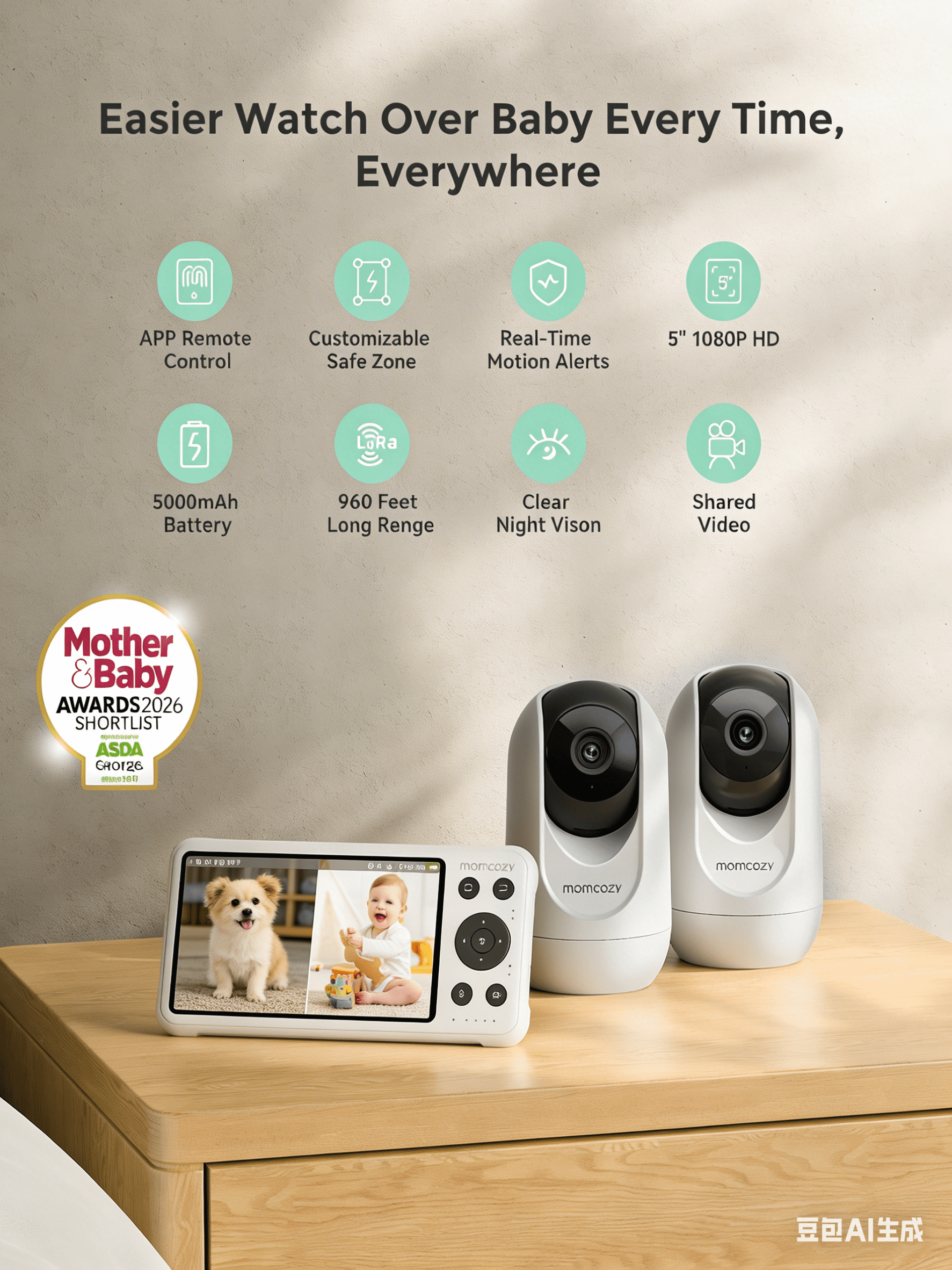 Momcozy Smart WiFi Baby Monitor with 2 Cameras, 5’’ 1080P Split Screen Video Baby Monitor with Camera and Audio, Clear Night Vision, 5000mAh Battery, 2-Way Audio