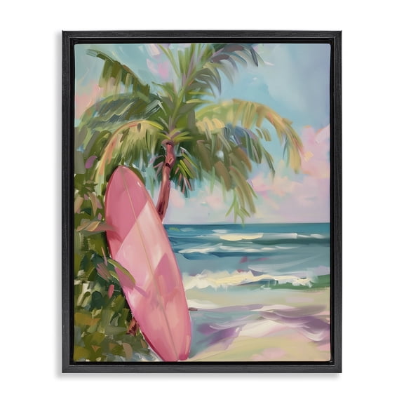 Stupell Industries Pink Surfboard on Beach Landscape & Nature Painting Black Floater Framed Canvas Art Print Wall Art, 17 x 21