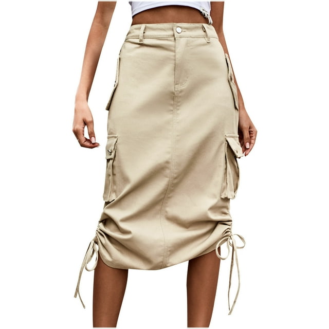 Mrat Long Skirts for Women Summer Women's Pocket Button Mesh Skirt Bandage Elastic Waist Solid Drawstring Ruched Ruffle Casual Skirt Ribbed Knit Basic Tube Midi Skirt Khaki L