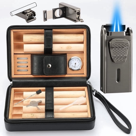 Portable Cigar Humidor Boxes and All in One Double Jet Flame Torch Lighter.