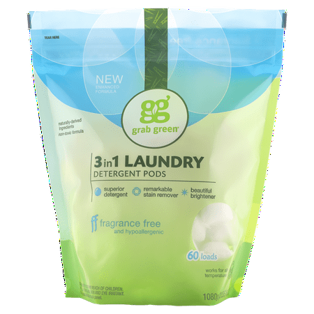 Grab Green Natural 3 in 1 Laundry Detergent Pre-Measured Powder Pods, Fragrance Free, 60
