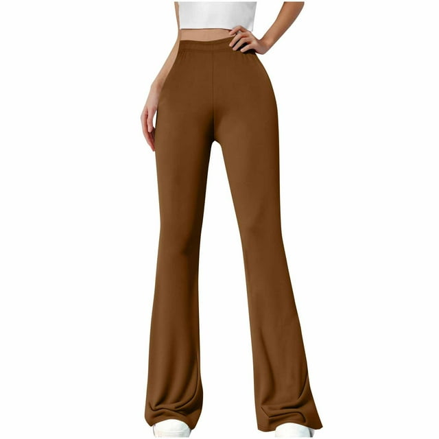 Dagegui Womens Flared Leggings High Waist Tummy Control Yoga Pant Solid Color Everyday Long Pants Brown S