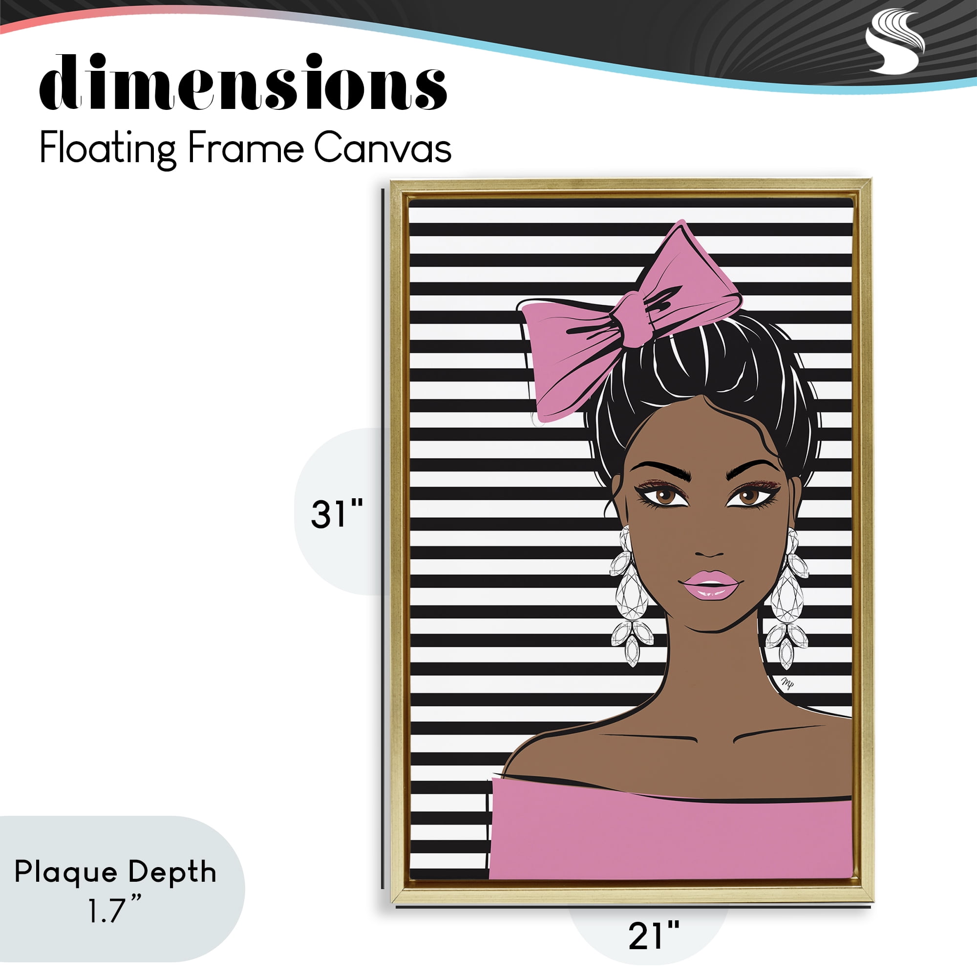 Stupell Industries Girl with Bow & Jewel Earrings Gold Framed Floater Canvas Wall Art, design by Martina Pavlova