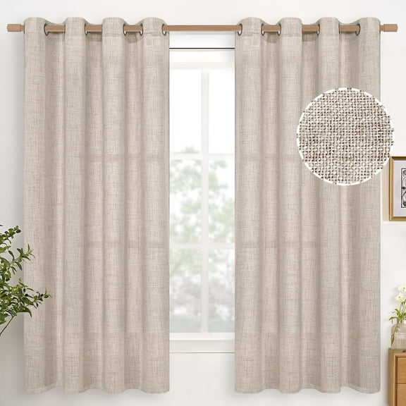 Linen Semi Sheer Curtains 63 Inch Length 2 Panels for Living Room - Light Filtering Drapes with Bronze Grommet Beige Window Treatments for Country Office Bedroom, 52 X 63 Inch