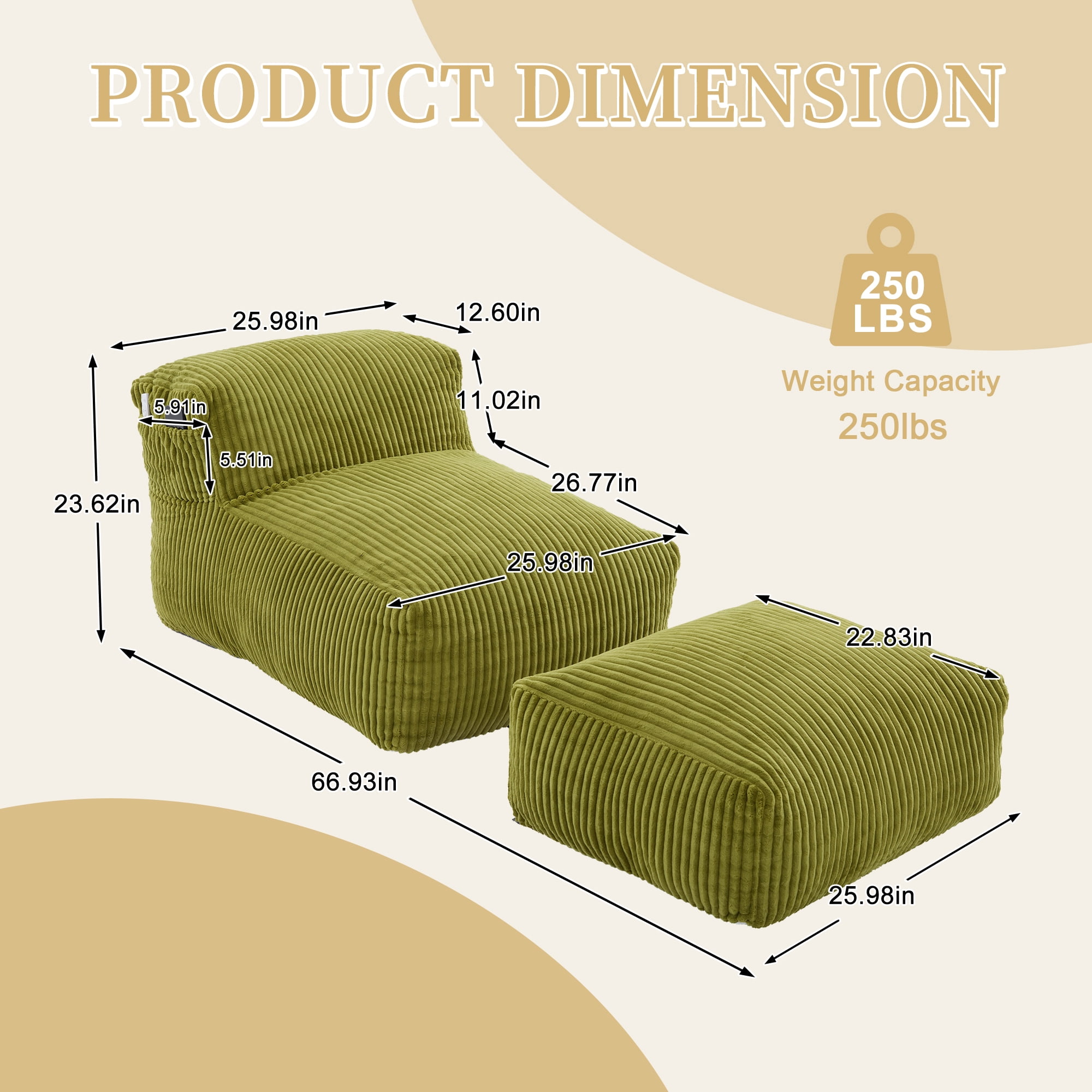 Avobird Big Bean Bag Chair, Lounger Large Bean Bag Sofa With ottoman, Memory Foam Filled Beanbag Chair for Living Room Bedroom, Ergonomic Support & Premium Com, Olive