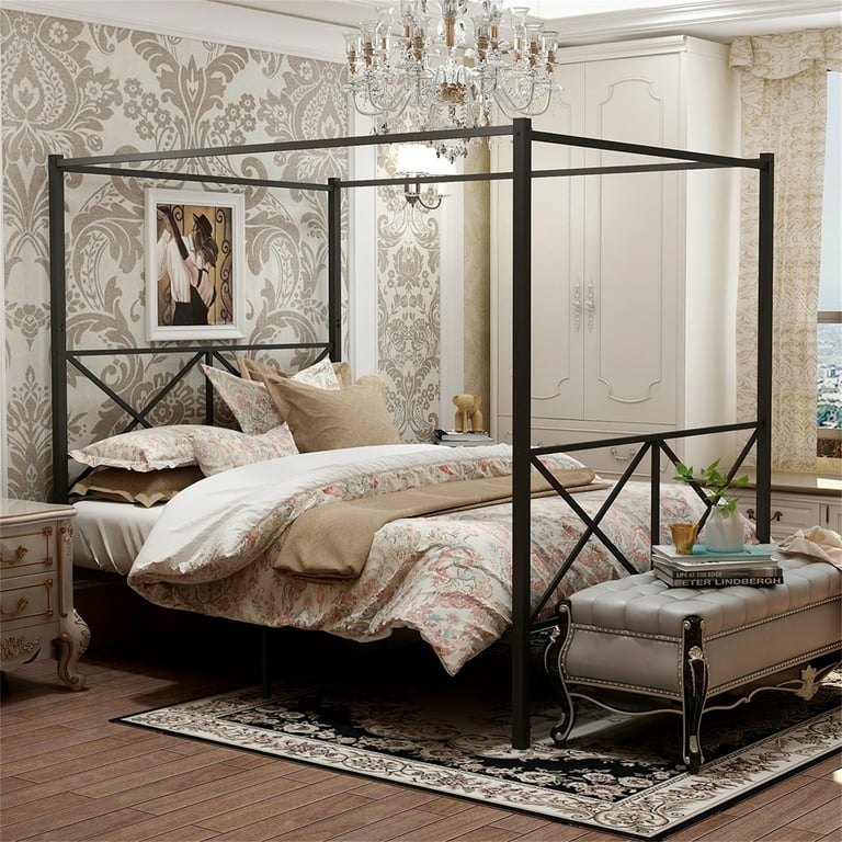 Cfowner Metal Canopy Bed Frame Queen X Shaped Platform Bed Frame Easy DIY Assembly Queen Black Walmart