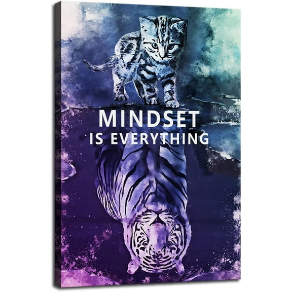 Inspirational Wall Art Posters Big Tiger Pictures Small Cat Canvas Painting Mindset is Everything Print Poster Artwork Wooden Home Decor for Living Room Gym Office Unframed Ready to Hang