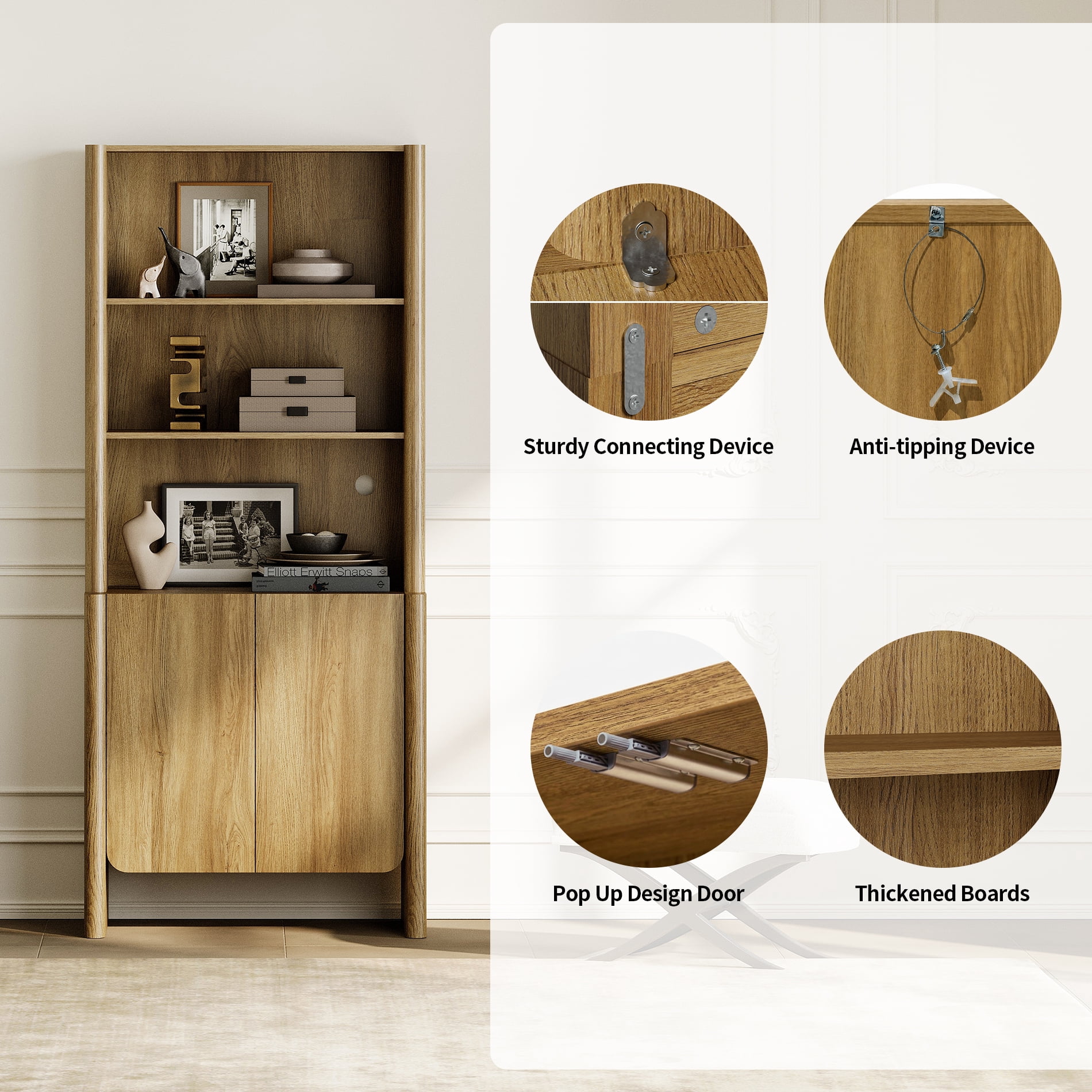 63-Inch Modern French Bookcase with Curved Edges, Doors and Open Shelves, 72.8" Tall, Walnut