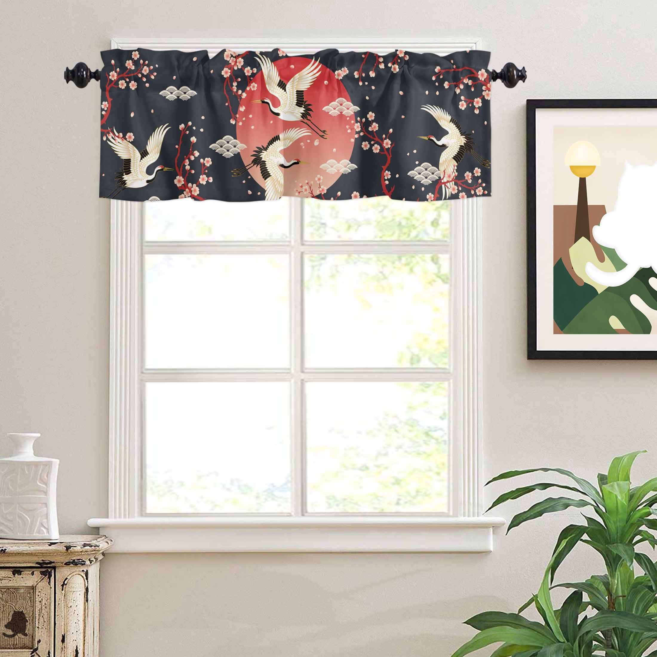 Pink Cherry Blossom Crane Valances for Windows Japanese Style Cloud Black Rod Pocket Curtain Valance Window Treatment Short Curtains for Kitchen Living Room, 60"x18"