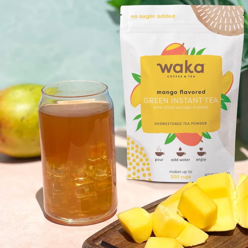 Waka Instant Tea Mix, 2 Bag Bundle - 100% Tea Leaves, No Additives, Unsweetened Tea Powders - Mango Flavored & Pomegranate Flavored Green (4.5oz Each)