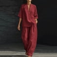 thumbnail image 2 of Miluxas Women's Summer Lightweight 2 Piece Outfits Loose Fit V Neck Short Sleeve Blouse and High Waist Wide Leg Pants Casual Set Wine, 2 of 7