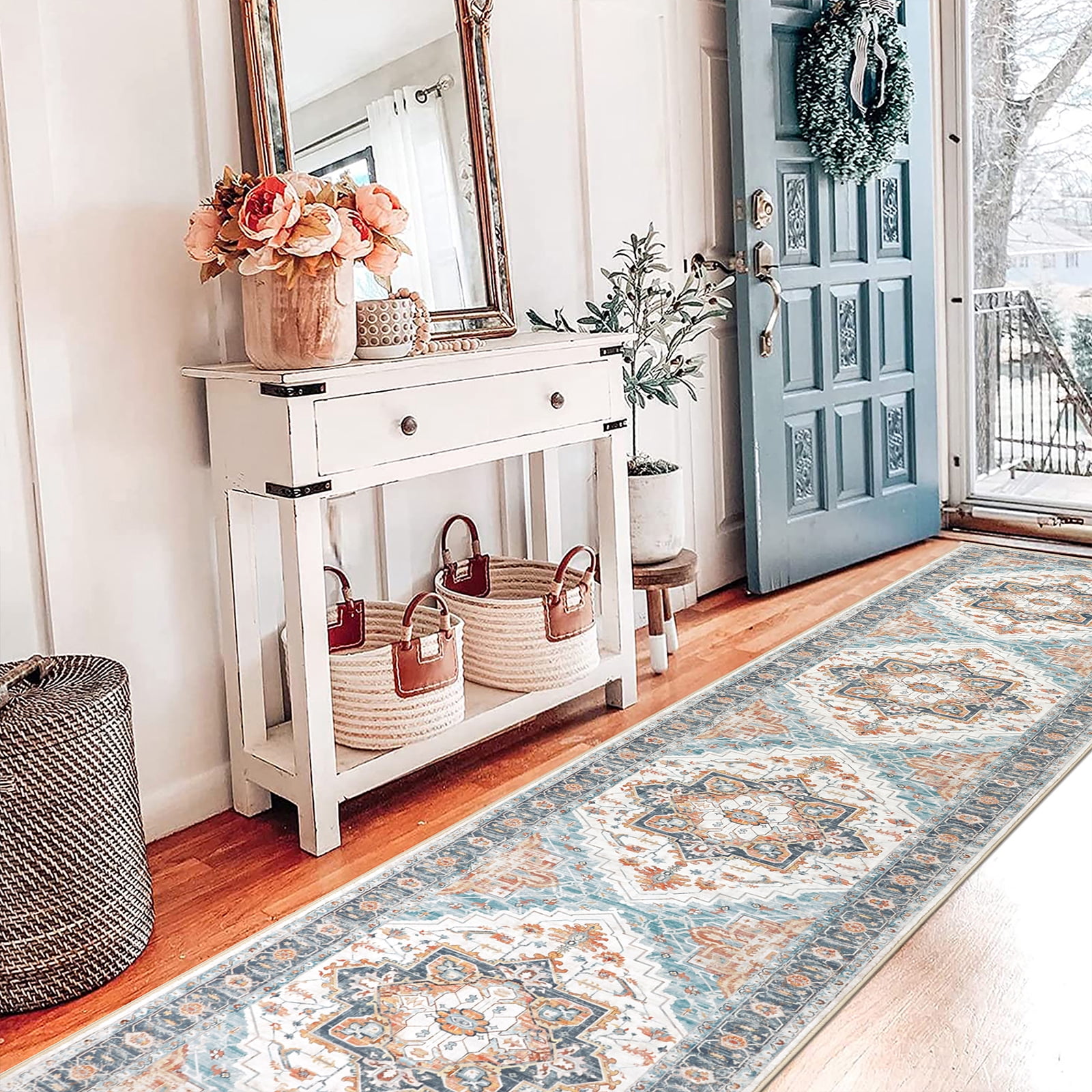 2 x10ft Washable Hallway Runner Rugs, Non-Slip Soft Kitchen Rug Runner Laundry Room Rug, Vintage Floor Runner for Kitchen Entryway Laundry Room