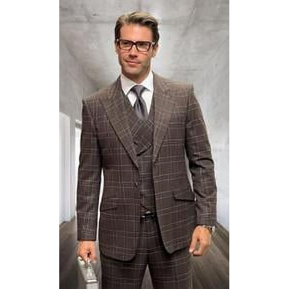 Statement Men's Wool Plaid Fashion Suit Brown 3 Piece Monari