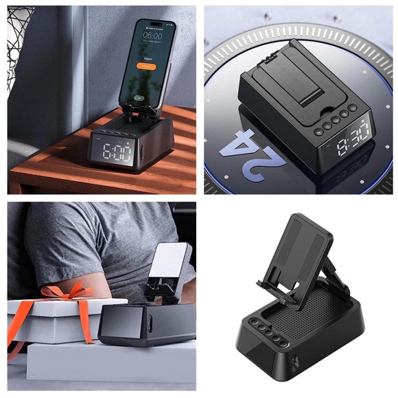 Gifts For Him Her Cell Phone Stand Bluetooth Speakers Cool Tech Kitchen Gadgets Adjustable Phone Holder With LCD Digital Alarm Clock Surround Sound Birthday For Men Women