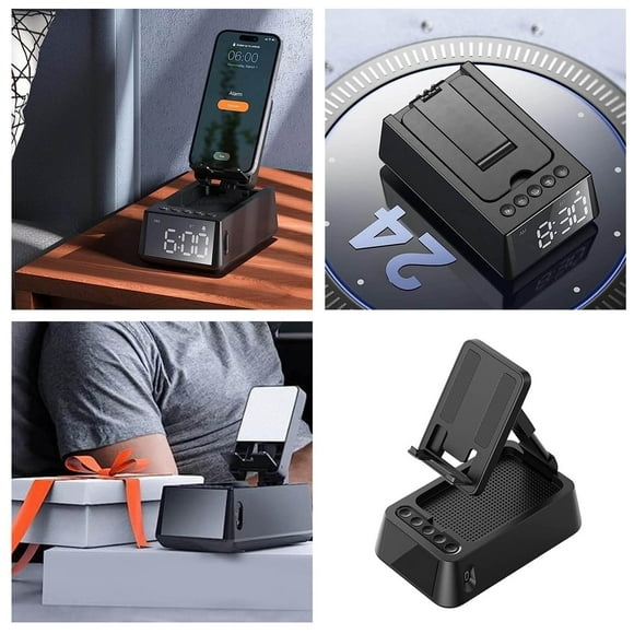 Gifts For Him Her Cell Phone Stand Bluetooth Speakers Cool Tech Kitchen Gadgets Adjustable Phone Holder With LCD Digital Alarm Clock Surround Sound Birthday For Men Women