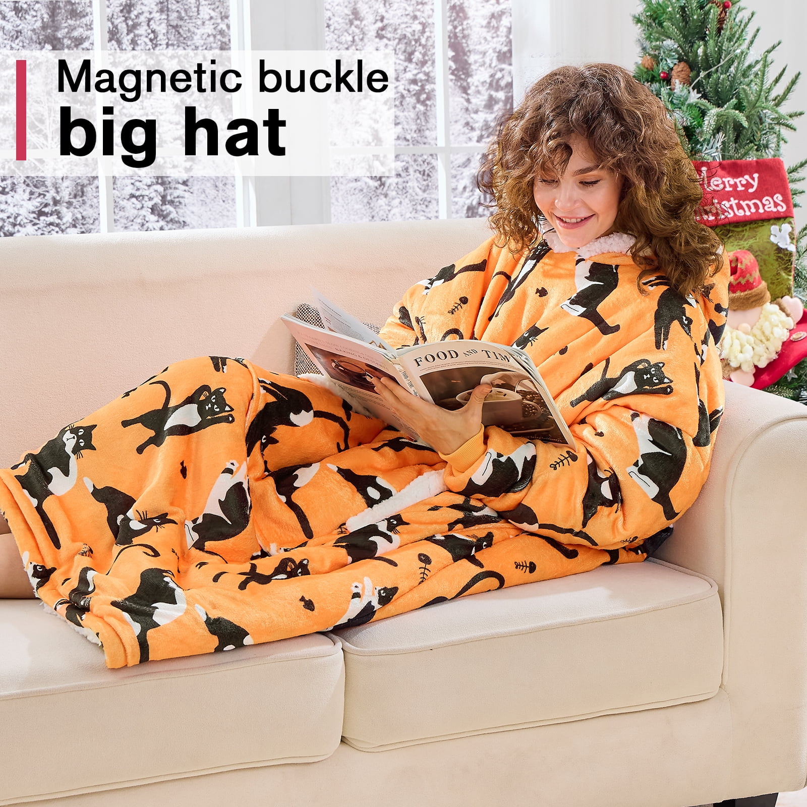 PMONPA Wearable Blanket Hoodie, Flannel Sherpa Fleece, Warm and Cozy Giant Sweatshirt for Adult, Woman and Man, One Size Fits All (Cat)
