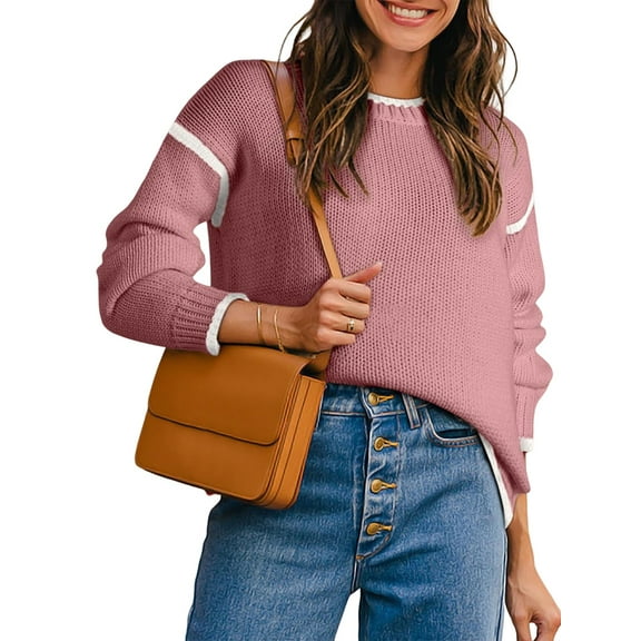 Women Crewneck Sweaters Long Sleeve Knit Pullover Sweater Casual Fall Tops Pink M