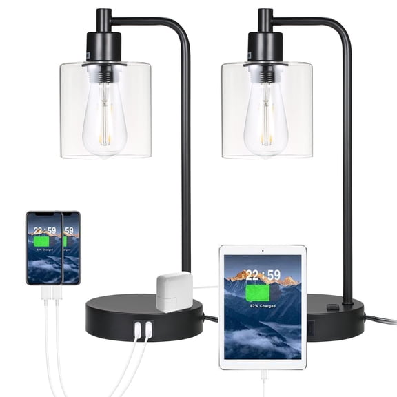 Nosilbek Industrial Touch Table Lamps for Bedrooms Set of 2, 3-Way Dimmable Nightstand Lamps with USB C A Ports and Outlet, Black Bedside Lamps with Glass Shade for Living Room Home Office