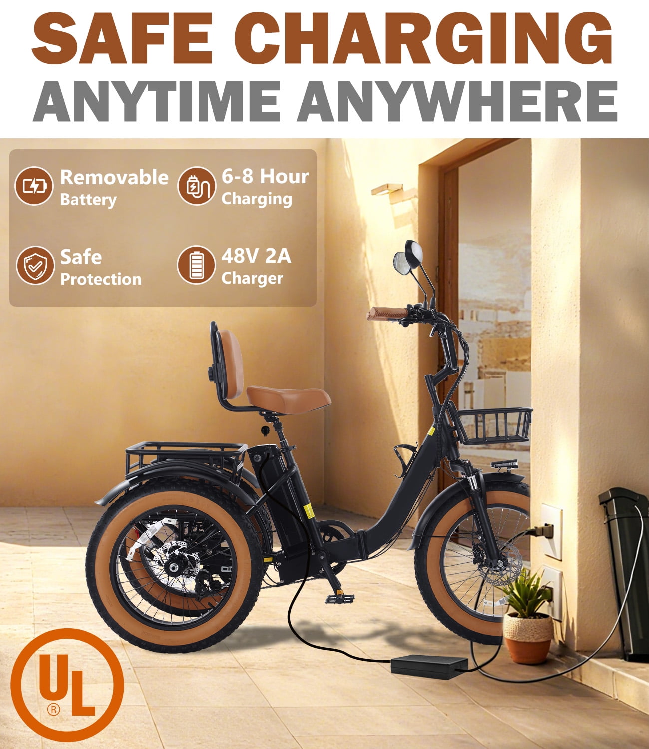 Broobey Electric Tricycle Pre-Assembled 90% 3 Wheel Electric Bicycle with 48V15Ah Lithium Battery 750W 20*4.0" Fat Tire Electric Tricycle for Adults Brown