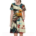 thumbnail image 1 of Fotbe Robe Rétro Motif Aigle Américain Décontractée Mode Femme Manches Courtes Robe Maxi Robe T-Shirt Rayée Longue à Blocs de Couleur, 1 of 6