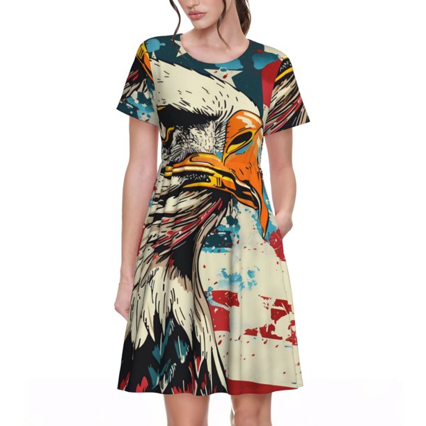 Easygdp Retro American Eagle para Vestido Transpirable de Mujer, Vestido Suelto de Manga Corta con Pliegues y Bolsillos para el Verano