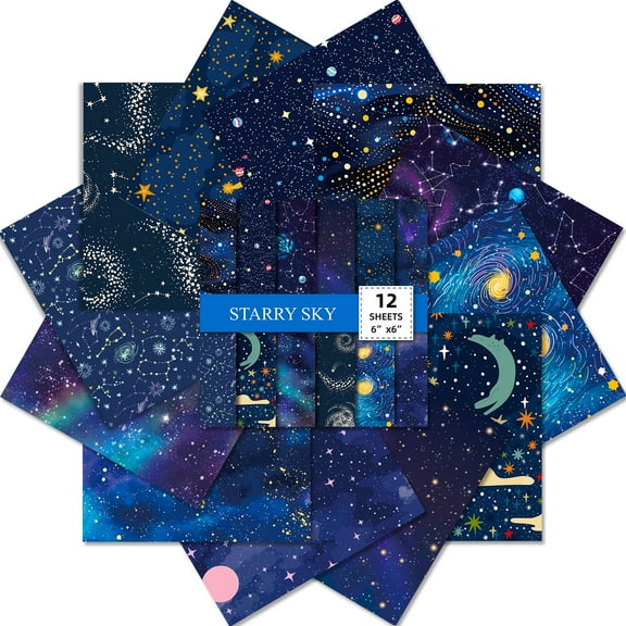 SunWMart Galaxy Scrapbook Paper Pad Decorative 6x6 Inch Single Sided Starry Sky CardStock for Holiday Cardmaking DIY Origami Craft Journaling Photo Frame Album, 2 Sets/24 Sheets