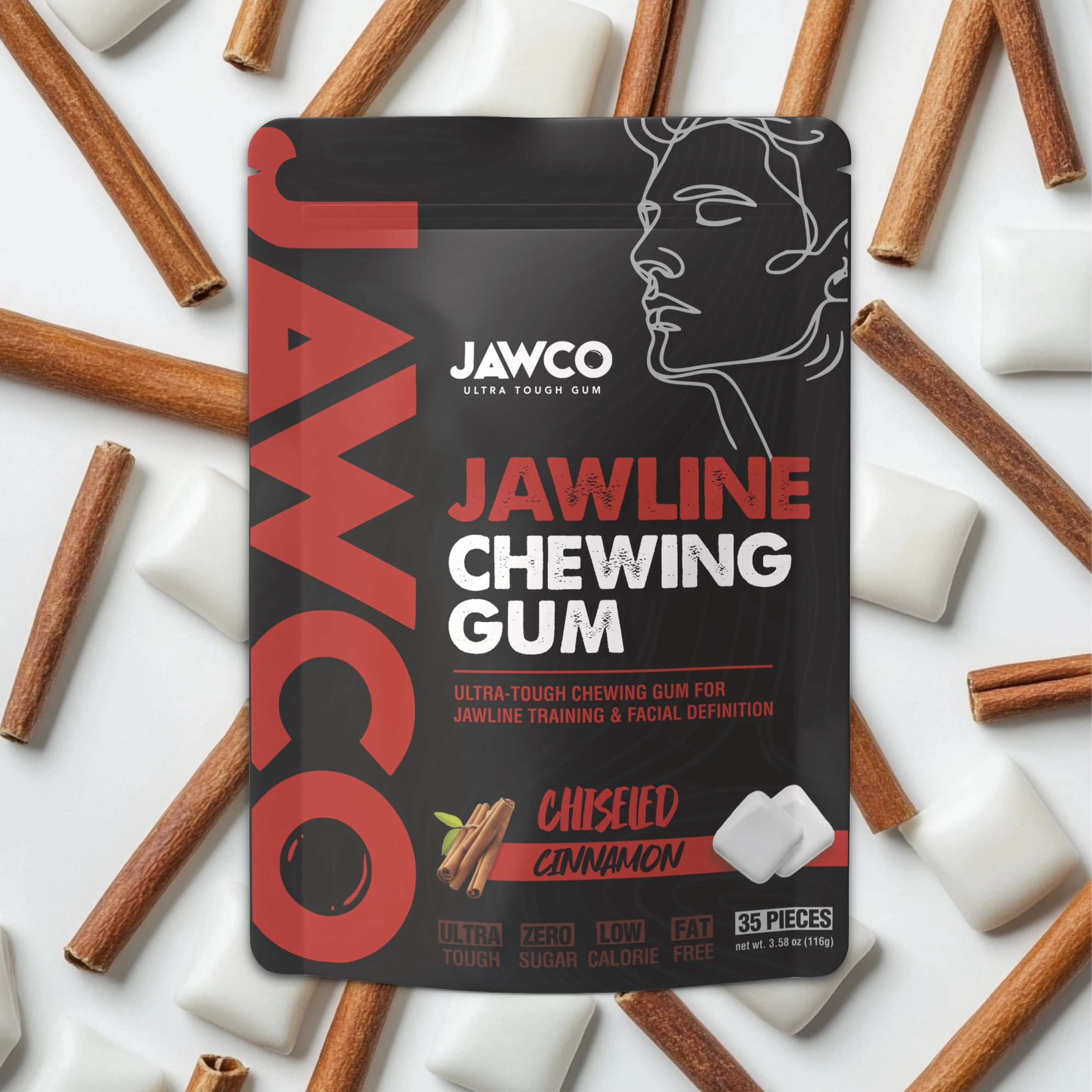 JAWCO Ultra-Tough Jawline Chewing Gum | Cinnamon Facial Fitness Hard Gum | 3-PACK