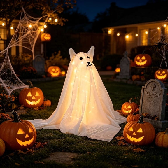 Orangide Halloween Decorations Light Up Ghost Dog Yard Decor White Fabric Ghost Puppy with Warm LED Lights Spooky Outdoor Standing Statue for Porch Garden
