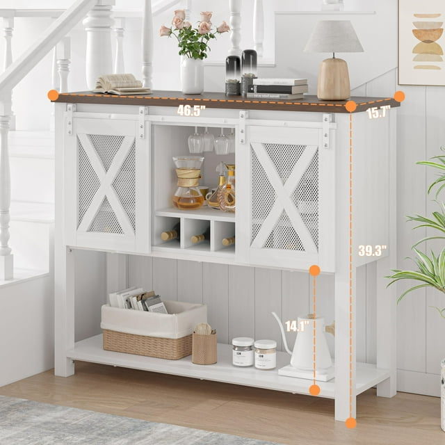 GloryStar Coffee Bar Sideboard Cabinet Storage with Wine Rack and Glass Holder, Console Table with Sliding Barn Doors, for Living Room, Dining Room,Liquor Bar