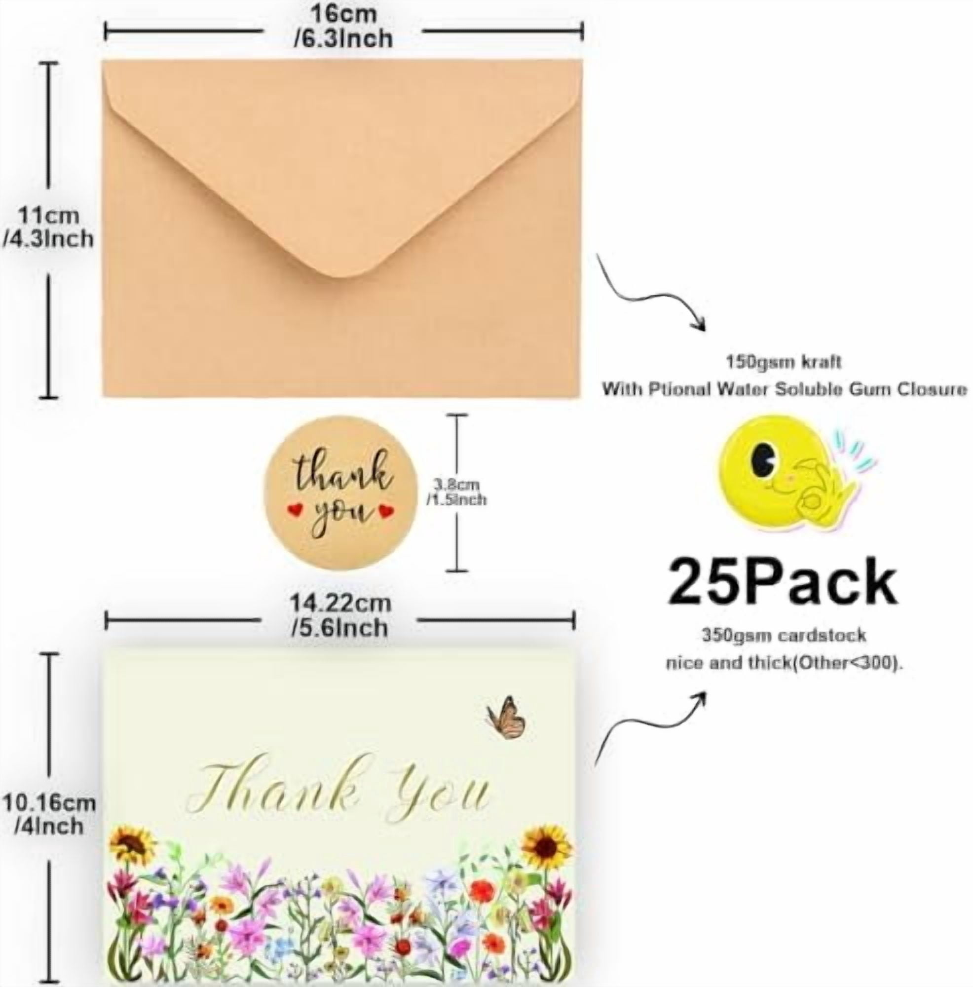 YNGLLC 25 Pack 350GSM | Floral Thank You Cards | Thank You Cards with Envelopes | Small Thank You Notes & Cards for Wildflower, Watercolor & Wedding