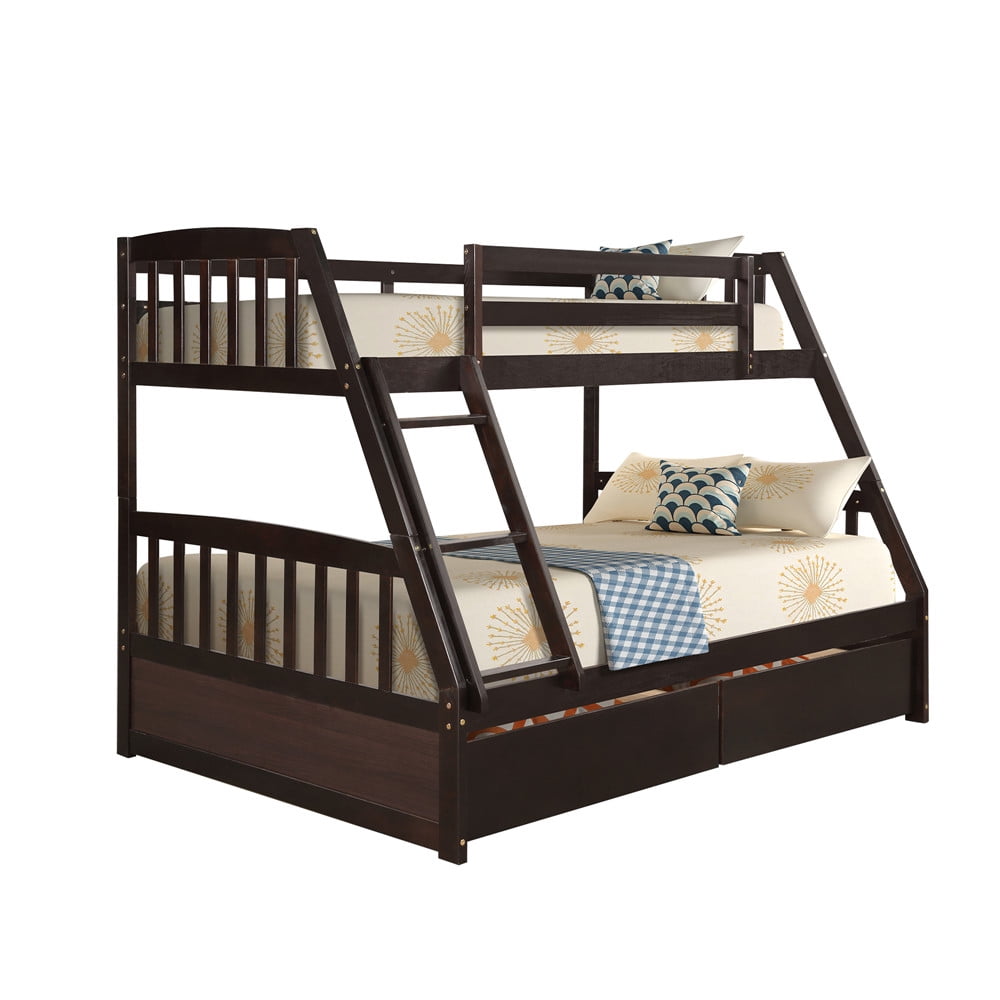 Twin Over Full Size Bunk Bed with 2 Drawers Removable Ladders and Space