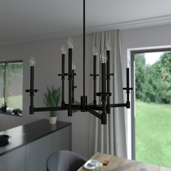 Hunter - Briargrove 8-light Matte Black, Large Chandelier, Dimmable, Formal Style, Candle Shaped, for Bedrooms, Dining, Living Rooms - 19054