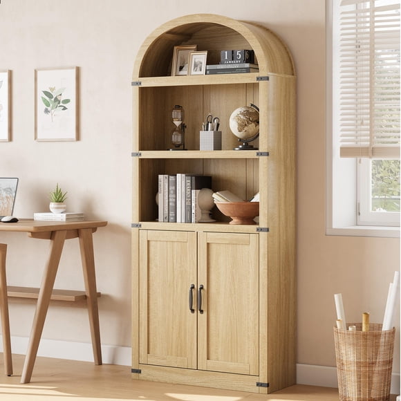 Bookcase with Doors Arched Bookshelf 71.65in Tall Bookcase Farmhouse Cabinet with Shelves Wooden Bookshelves for Home Office, Living Room