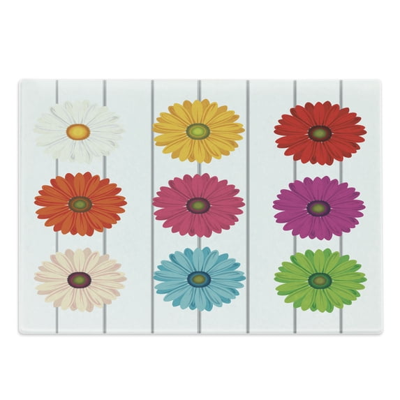 Gerber Daisy Cutting Board, Illustration with Colorful Flower Petals on Vertical Stripes Graphic, Decorative Tempered Glass Cutting and Serving Board, in 3 Sizes, by Ambesonne