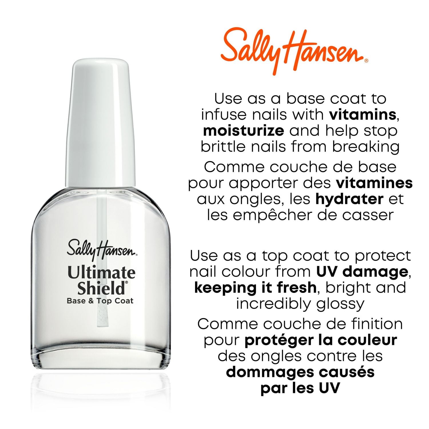 Sally Hansen Ultimate Shield Base & Top Coat, 2 en 1, formule panthénol aide à fixer la couleur, nylon et pro vitamine B5 protège les ongles Protège la couleur