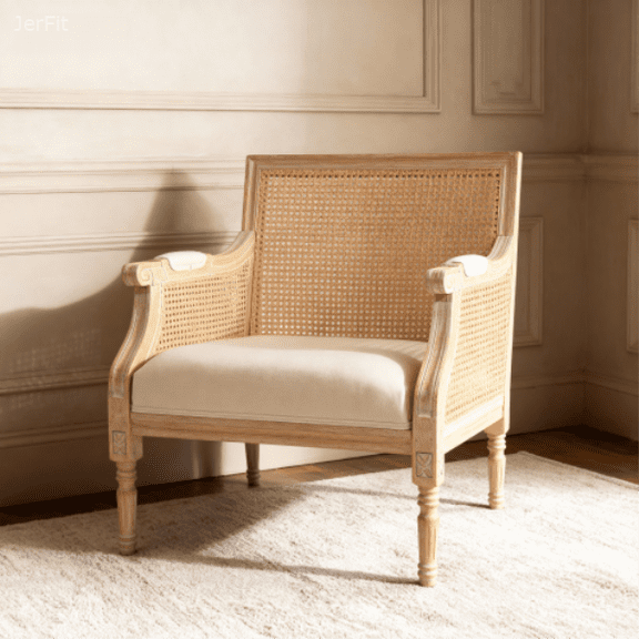 JERFIT French Country Accent Chair, Upholstered Armchair with Rattan Back, Beige Fabric Lounge Chair for Living Room, Bedroom, Farmhouse Decor